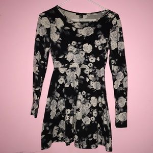 Floral Black & White Fit & Flare Long Sleeve Dress